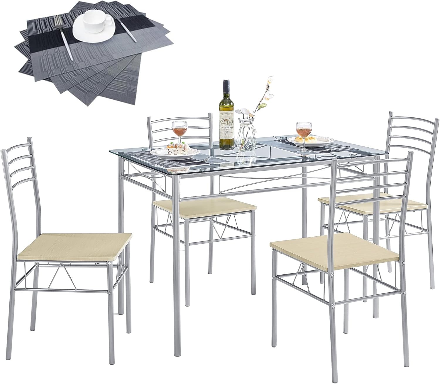 5-Piece Kitchen Dining Table Set Wood Tabletop & Heavy-Duty Metel Frame