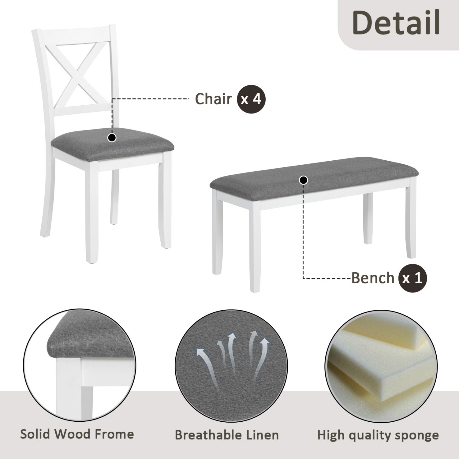 6 Piece Dining Table Set Wooden Dining Table Kitchen Table with 4 Chair & Benchs