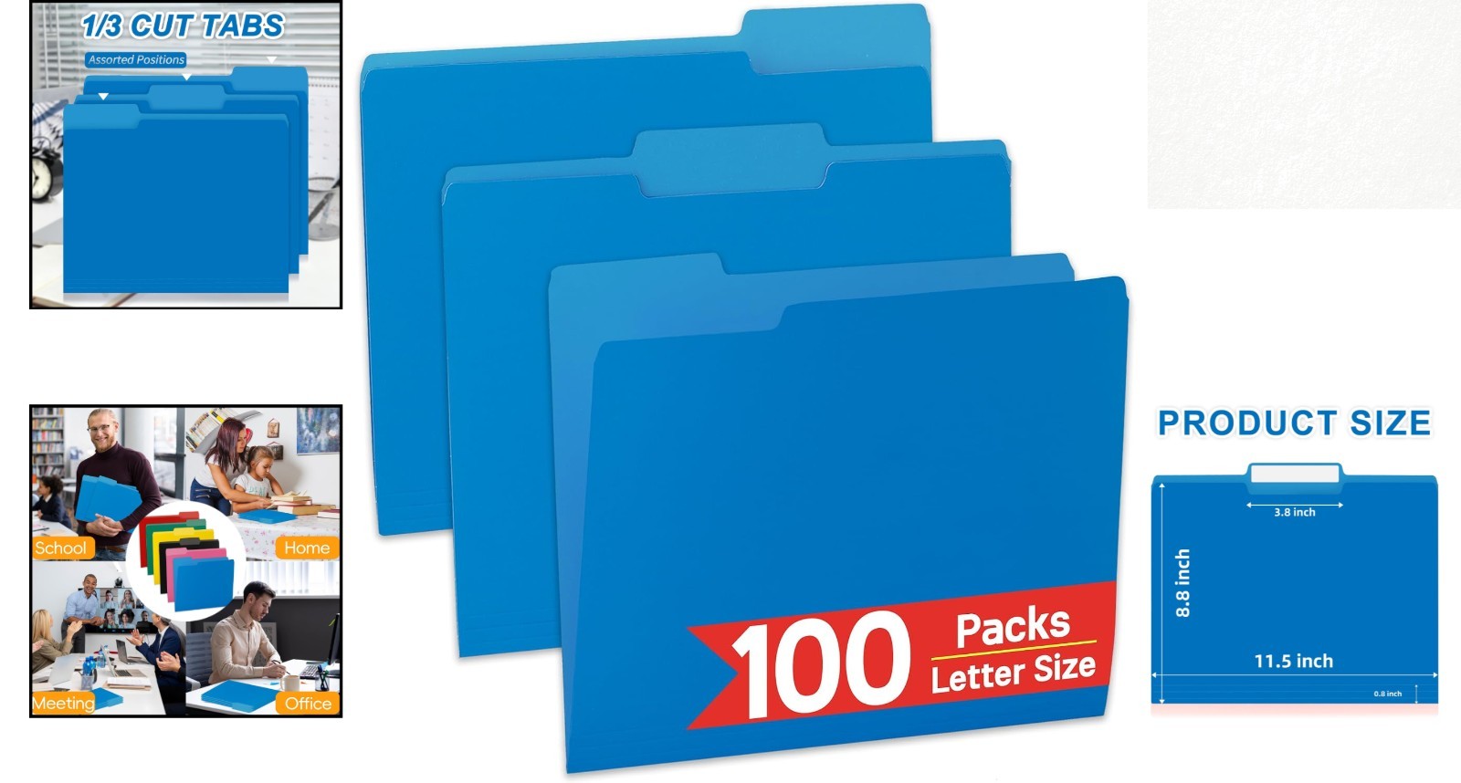 100 Pack Blue File Folders with 1/3-Cut Tabs - Durable Organization Solution