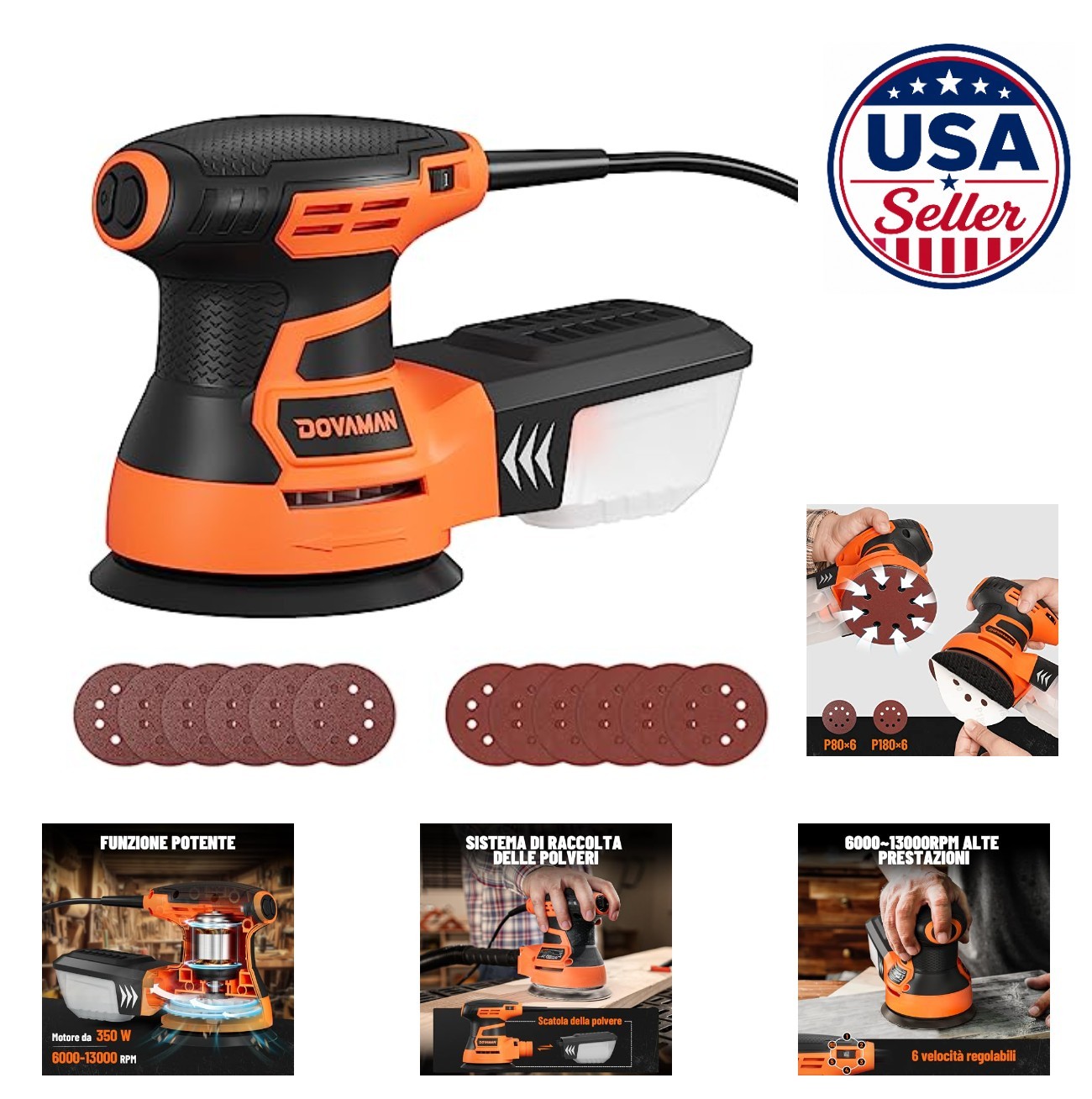 Orbital Sander 5 Inch 3 Amp 13000 RPM 6 Variable Speed Dust Collection Sanding