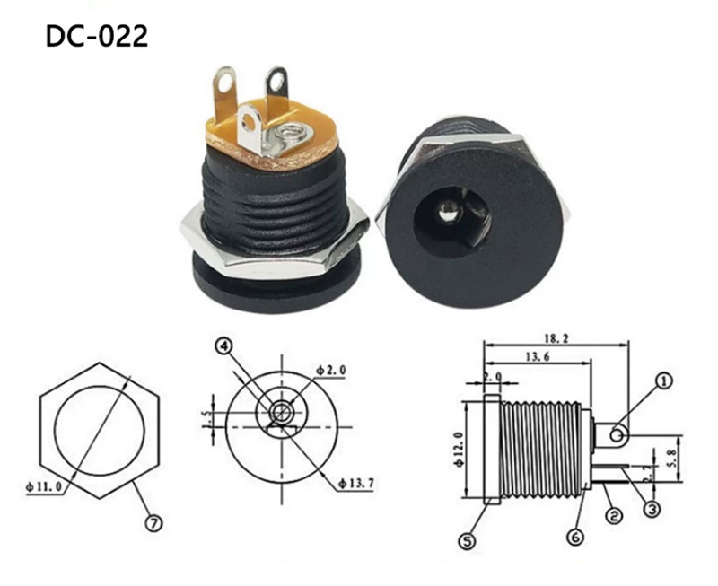 DC-022 Power Socket 2-Pin Round Hole Threaded Female 5.5 *2.1/2.5mm 3.5*1.3mm