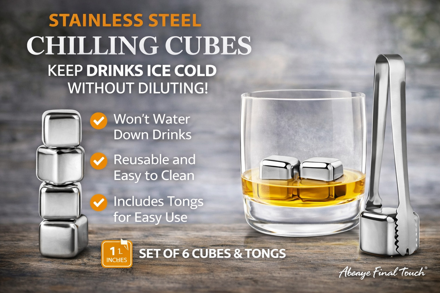 Final Touch Stainless Steel Chilling Cubes Set – 6 Cubes + Tongs – Reusable
