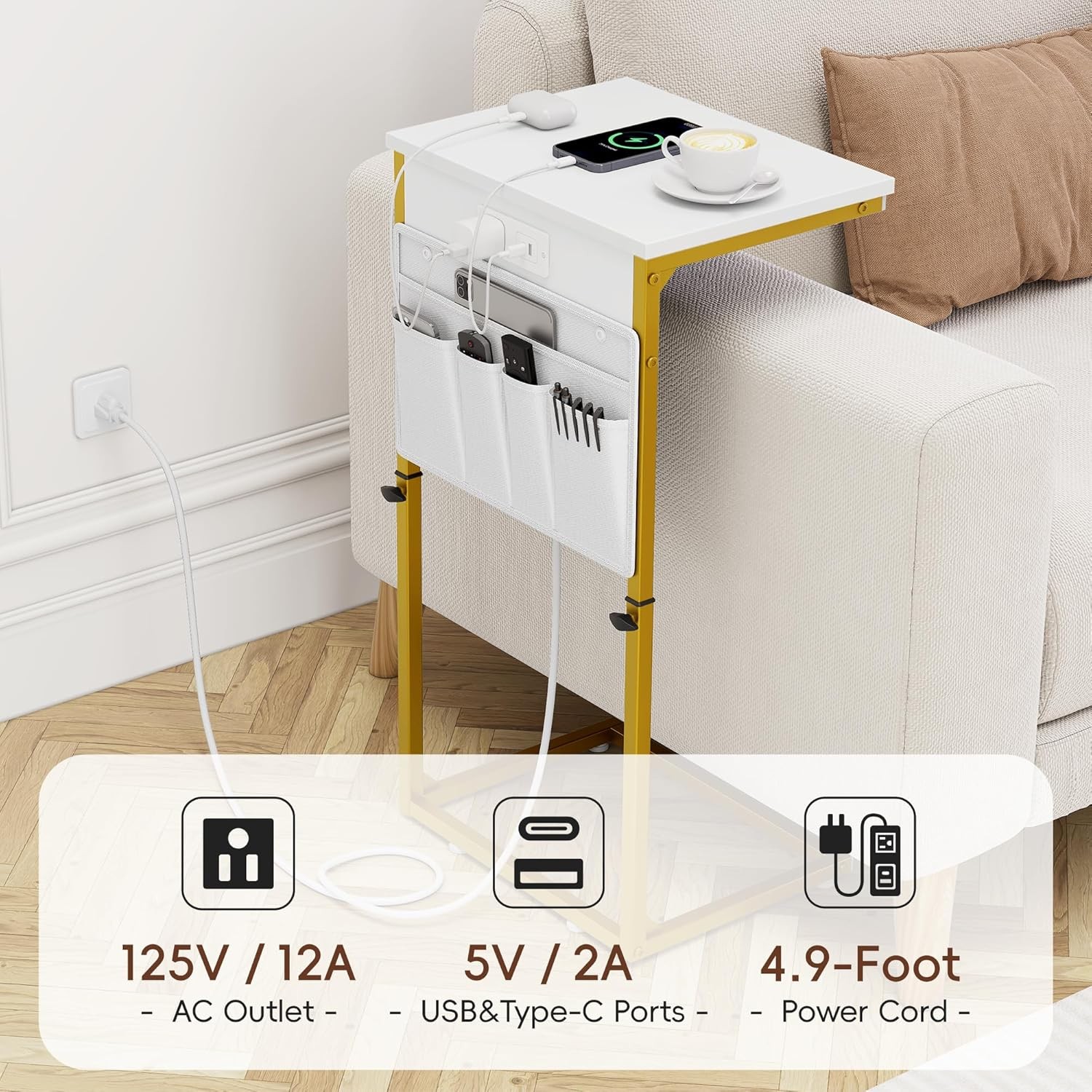 C Shaped End Table W/ Charging Station Adjustable Height Couch Sofa Side Table
