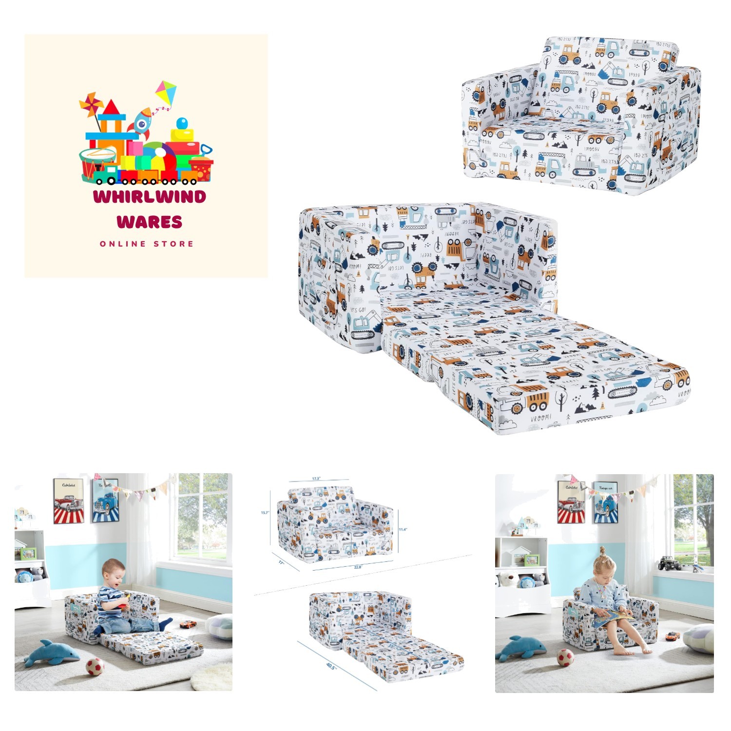 Kids Sofa Couch, Children Flip-Out Chair 2-in-1 Toddler Chairs Convertible So...