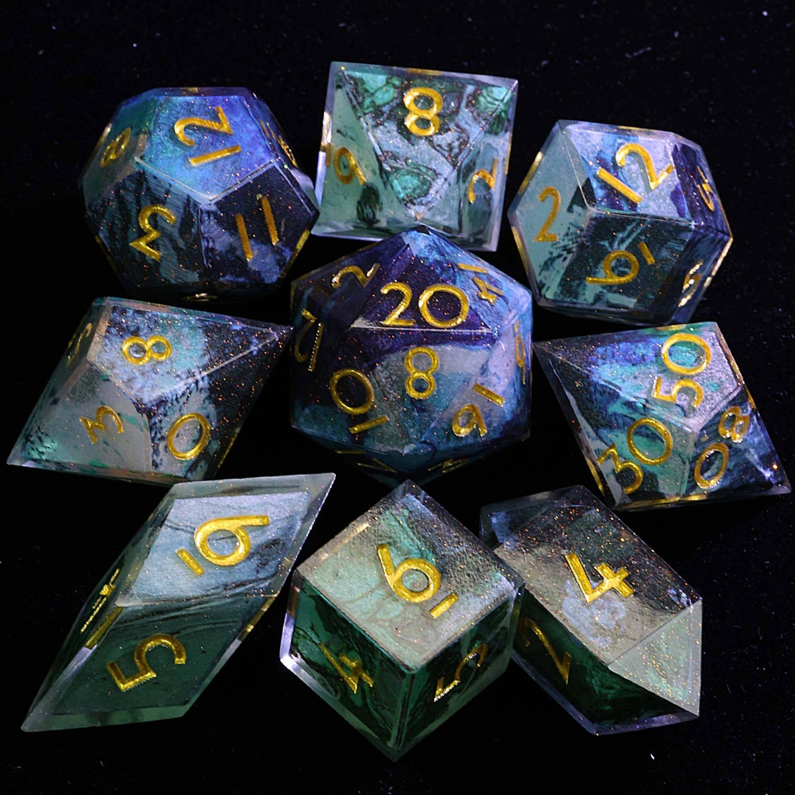 9 Polyhedral Resin Sets of Dice DD Mossy Crumbling Bank for Dungeons Dragons RPG