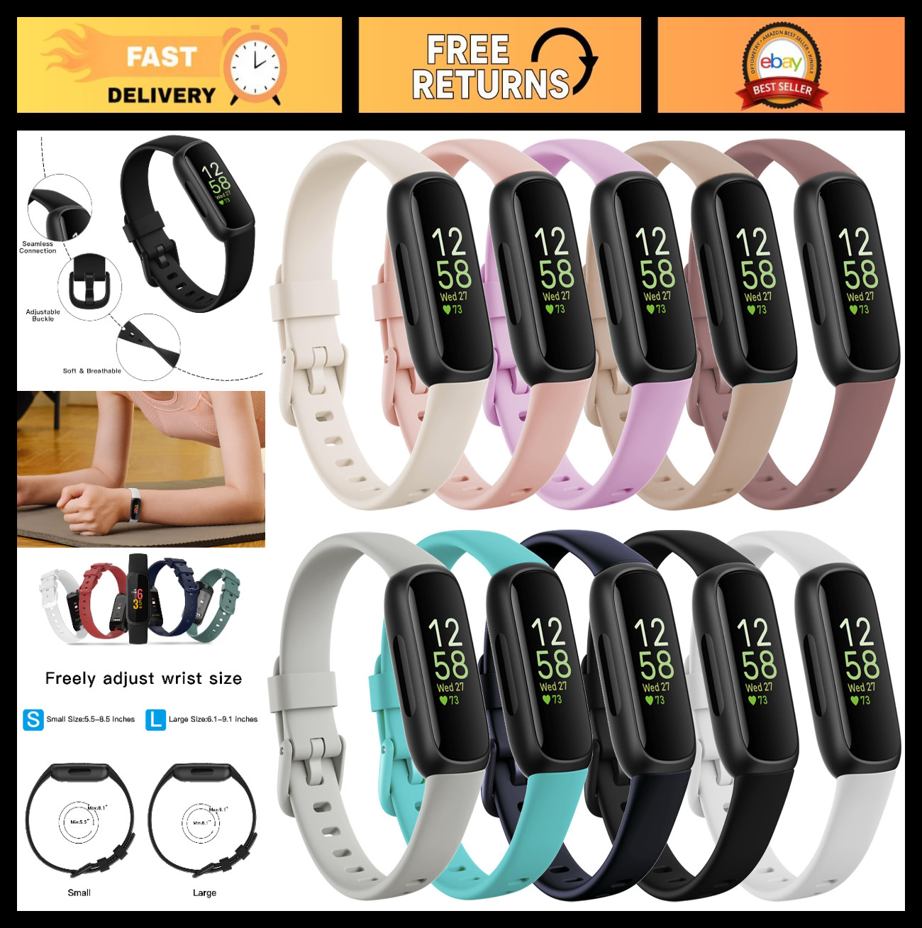 10 Pack Silicone Sport Bands for Fitbit Inspire 3 - Soft Replacement Wristbands