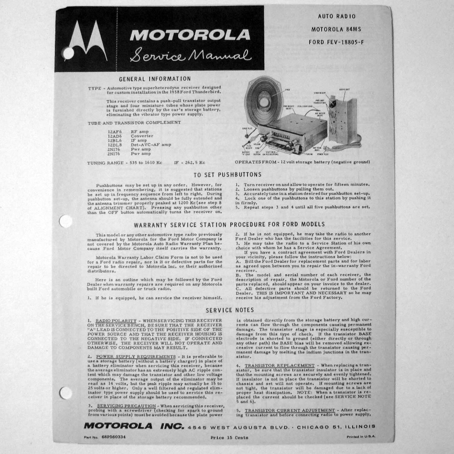 Motorola ® Model 84MS Ford Thunderbird Auto Radio Service Manual © 1958