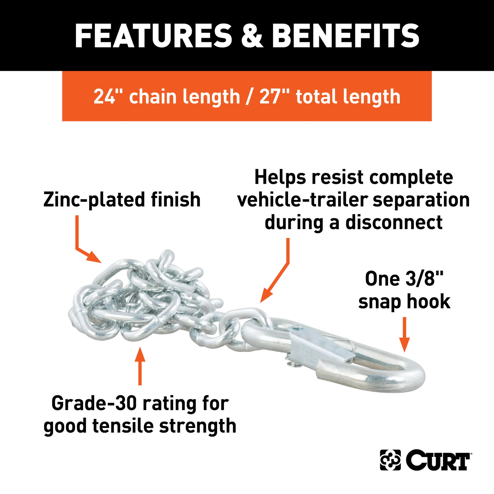 Curt-27" Safety Chain with 1 Snap Hook (2,000 lbs, Clear Zinc)