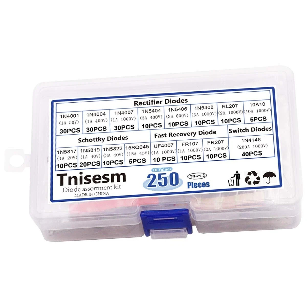 250 Pcs 16 Values Rectifier/Schottky/Fast Recovery/Switch Diode Assortment Kit,1