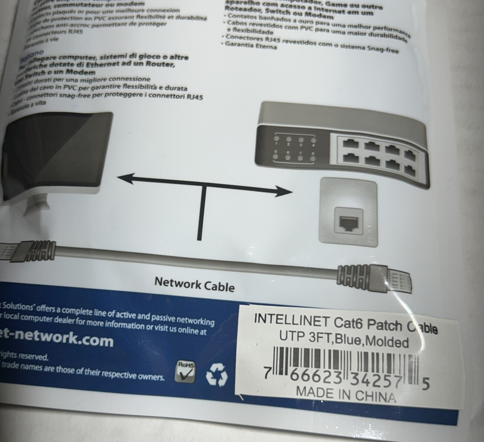 Intellinet 342582 3ft Blue Cat6 Snagless Patch Cable-Buy Multiples For Discounts
