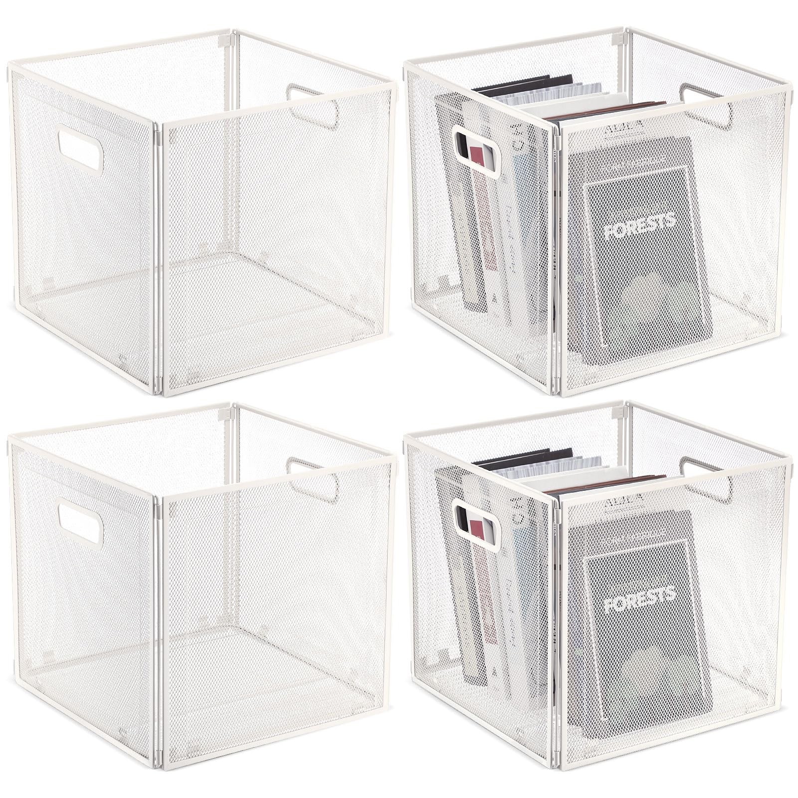 4 Pcs Foldable Metal Wire Basket 13 x 13 Inch White Cube Storage Bins Stackab...