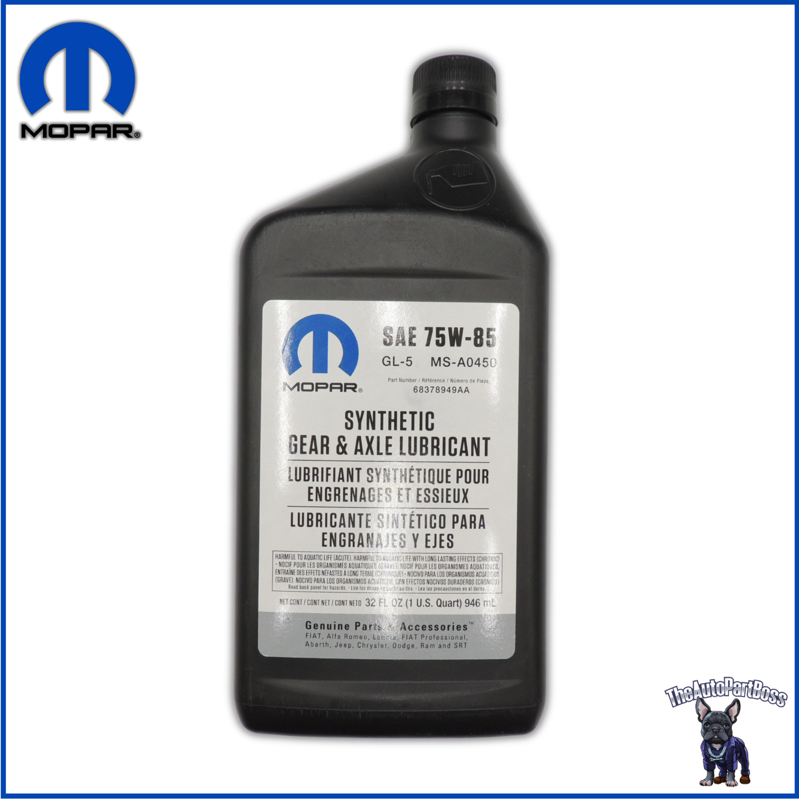 Gear Lubricant Synthetic SAE 75W-85 Synthetic OEM Mopar 68378949AA 68378949AB
