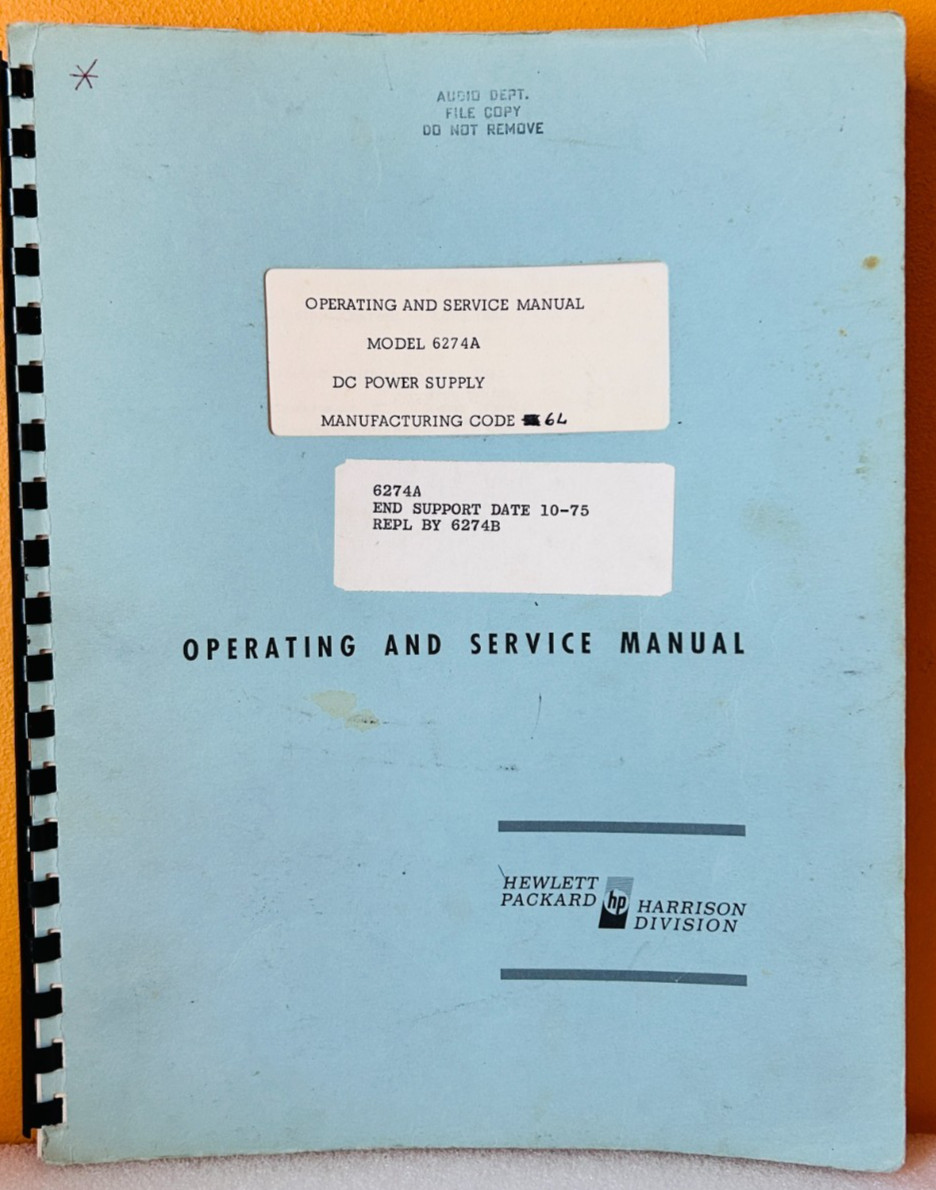 HP 1966 Model 6274A DC Power Supply Operating & Service Manual.