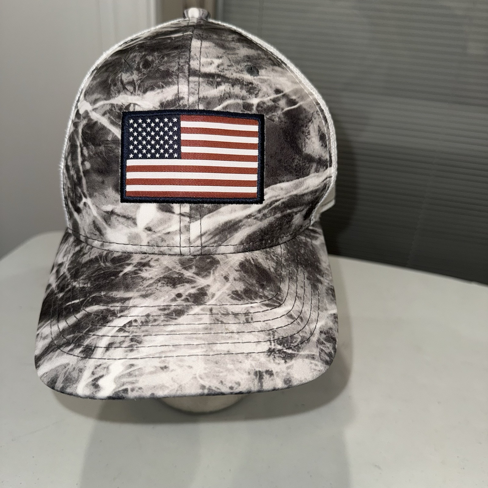 American Flag Patch on Gray Green Swirled Fabric Hat Cap White Mesh Snapback VGC