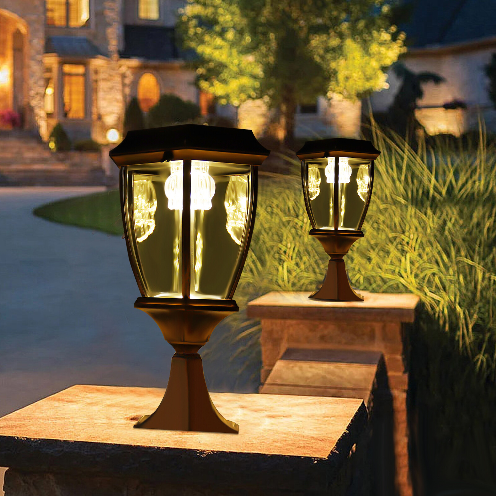 2-Pack Set Solar LED Post Light Lamp Yard Driveway Fence Outdoor Pillar Lamp