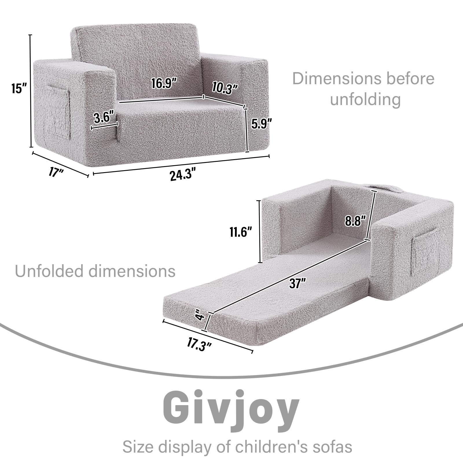 Givjoy Toddler Sherpa Kids Couch: 2-in-1 Sofa & Lounger, No Assembly