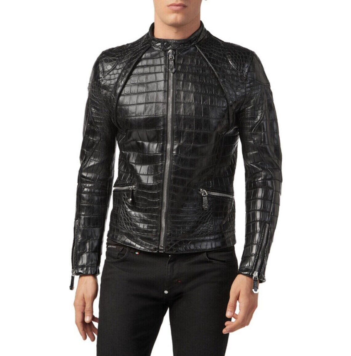 Men's Crocodile Pattern Leather Jacket 100% Real Lambskin Slim Fit Coat