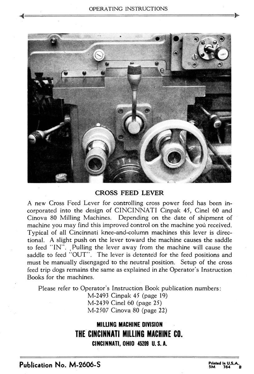 Cincinnati Cinel 60 Horizontal Milling Machine Operator Instructions Manual 1607