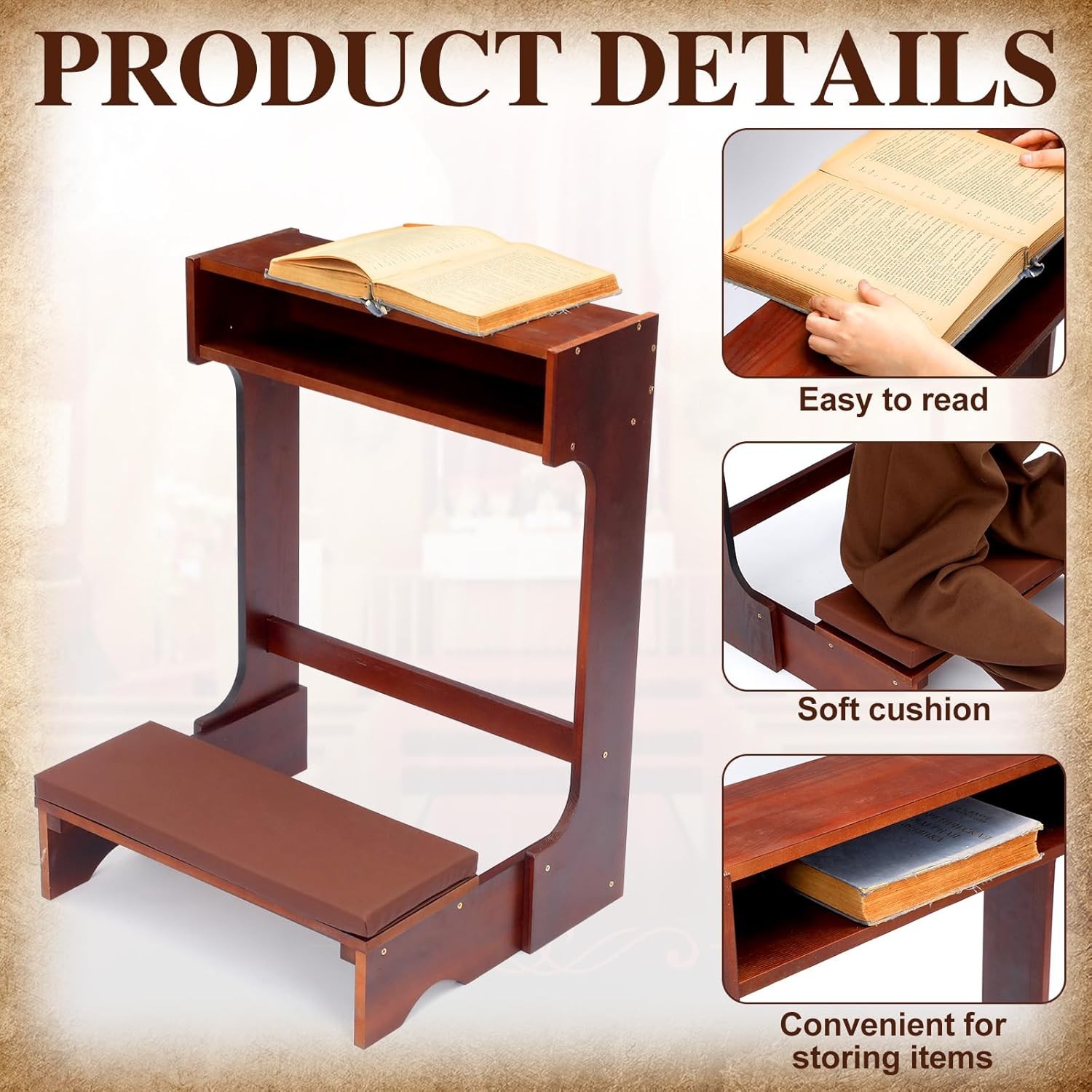 Solid Wood Prayer Bench Stool with Shelf and Cushion Church Prayer Bench Table C