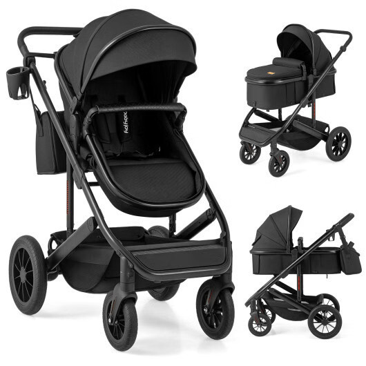 3-in-1 Folding Convertible Newborn Stroller w Detachable Bassinet - Black