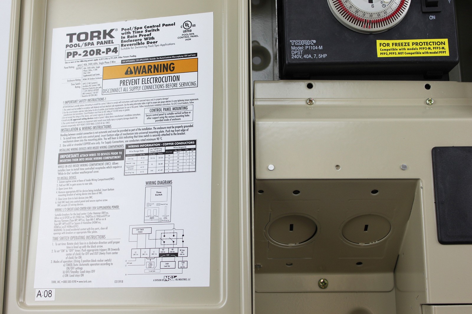 TORK NSI PP-20R-P4 TIMER POWER PANEL FOR POOL, SPA, LIGHTING, 40A, 240V