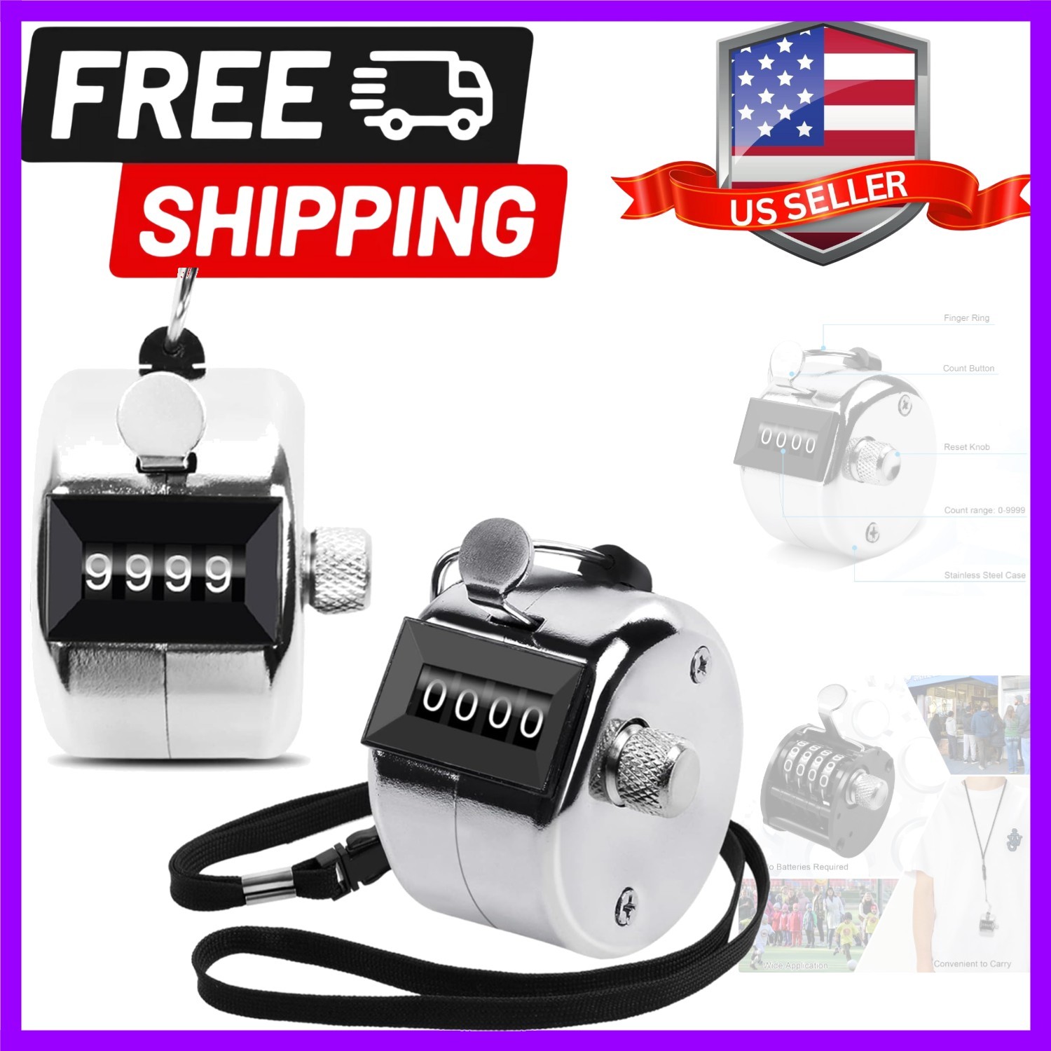 2 Pack Metal Hand Counter Four-Digit Counter with Nylon Lanyard Silver Counte...