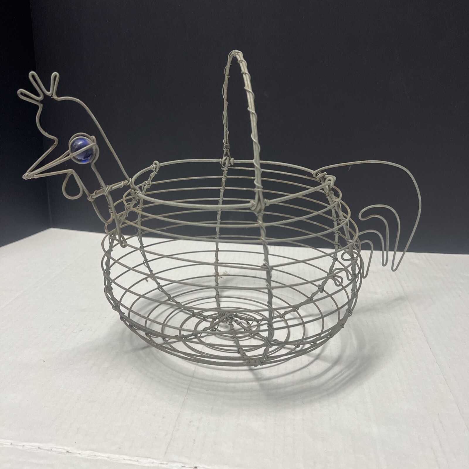 Vintage Metal Chicken Wire Egg Basket With Marble Eyes