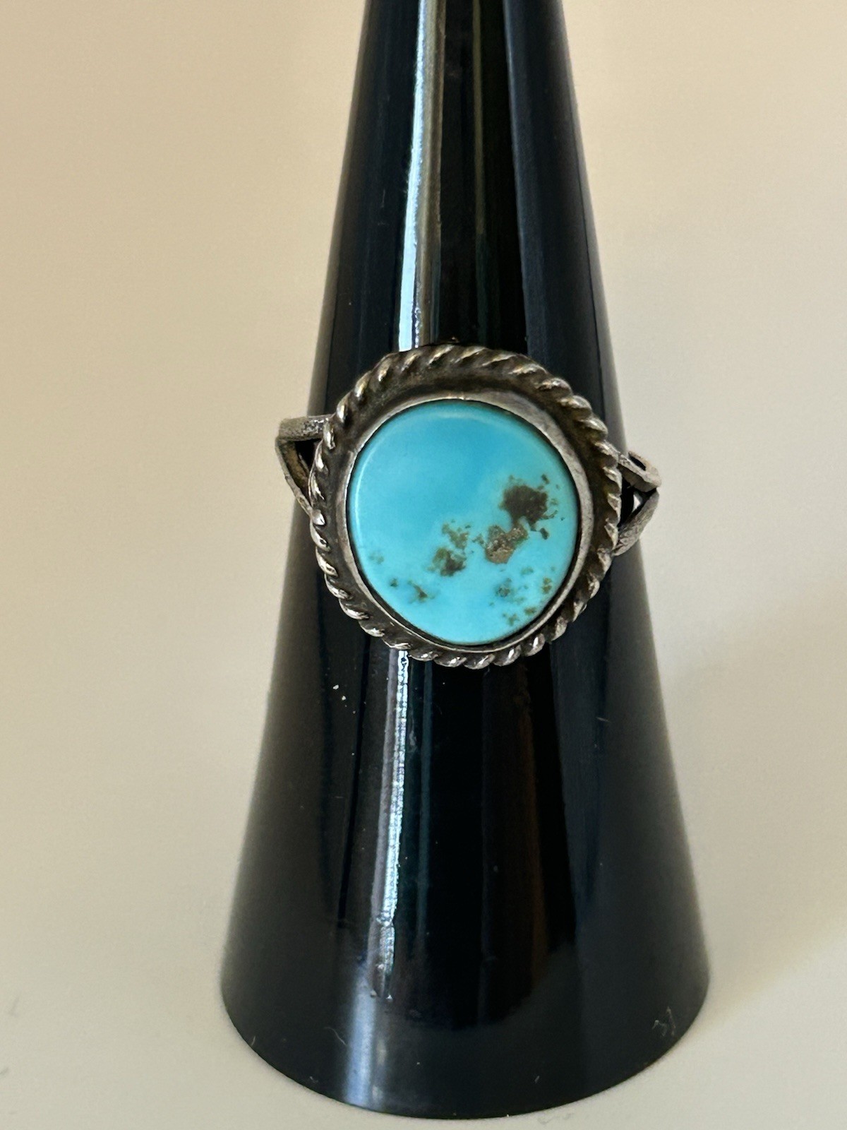 Handmade Sterling Ring With Twisted Accents And Natural Turquoise Stone 6.5”