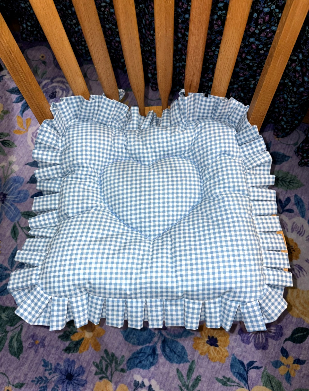 Chair Cushion Medium Shade Of Blue & White Gingham Ruffled Country Hearts