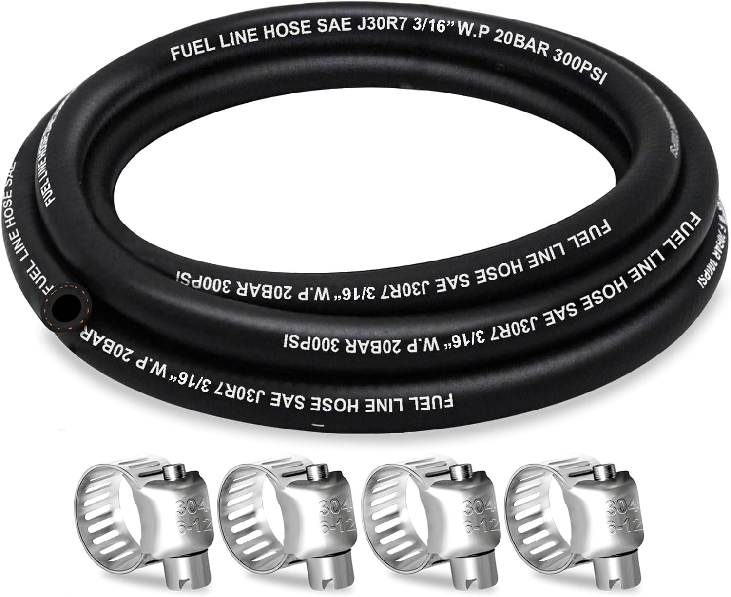 Fuel Line 3/16 Inch ID, Hose 5FT, J30R7 3/16" ID 5Ft + 4 Clamps, Black