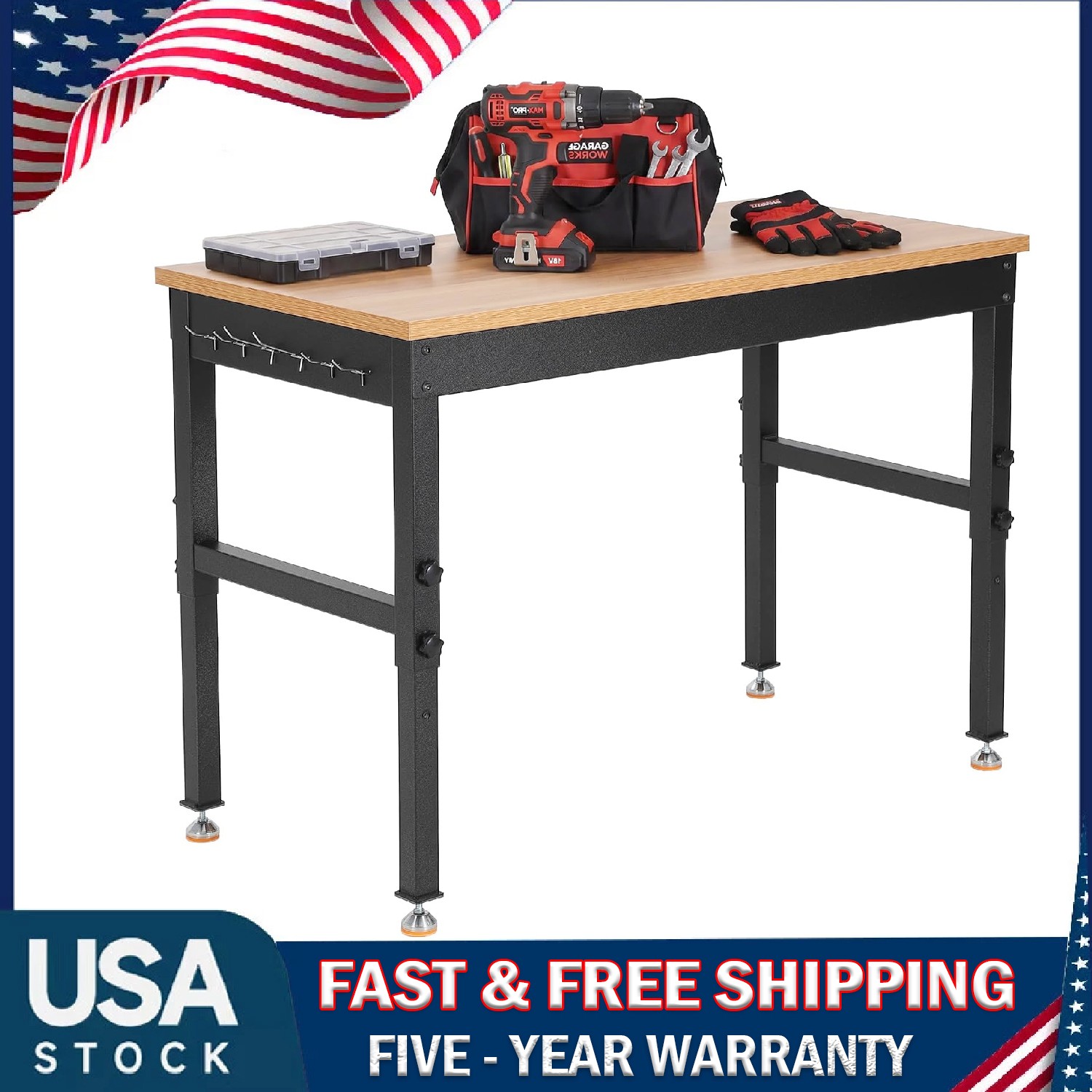 48" Adjustable Workbench 2200LBS Heavy Duty Work Table Garage with Power Outlets