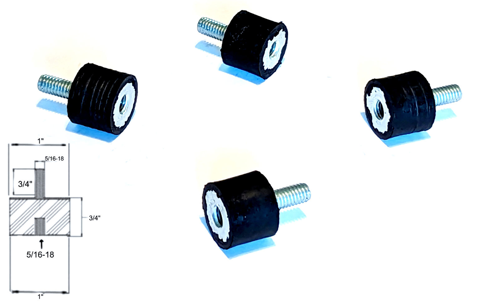 4 Rubber Vibration Isolator Mounts (1" Diameter x 3/4" Height) 5/16-18 x 3/4" Lo