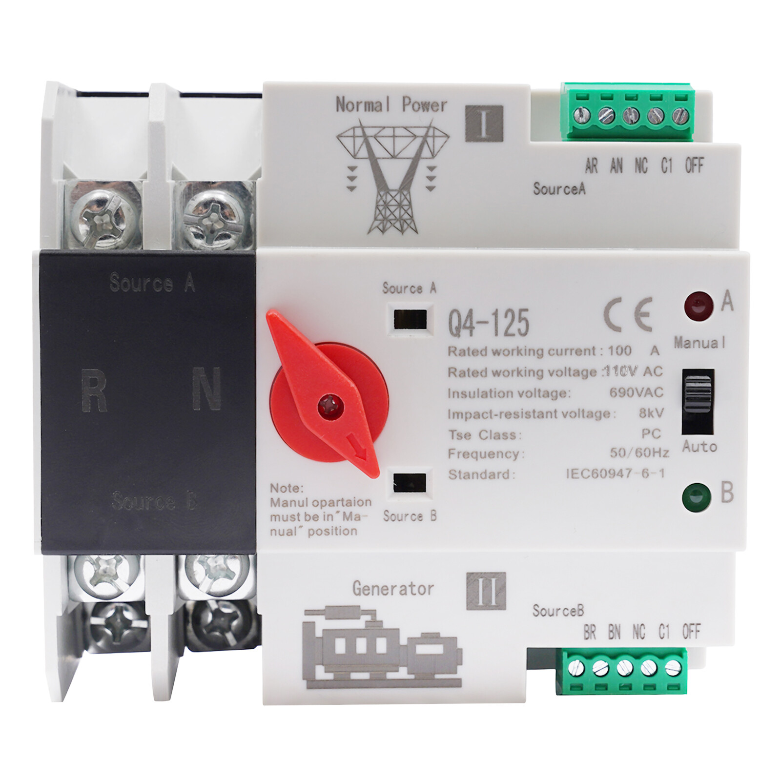 100A Automatic Transfer Switch Dual Power 2P Power Generator Changeover Switch