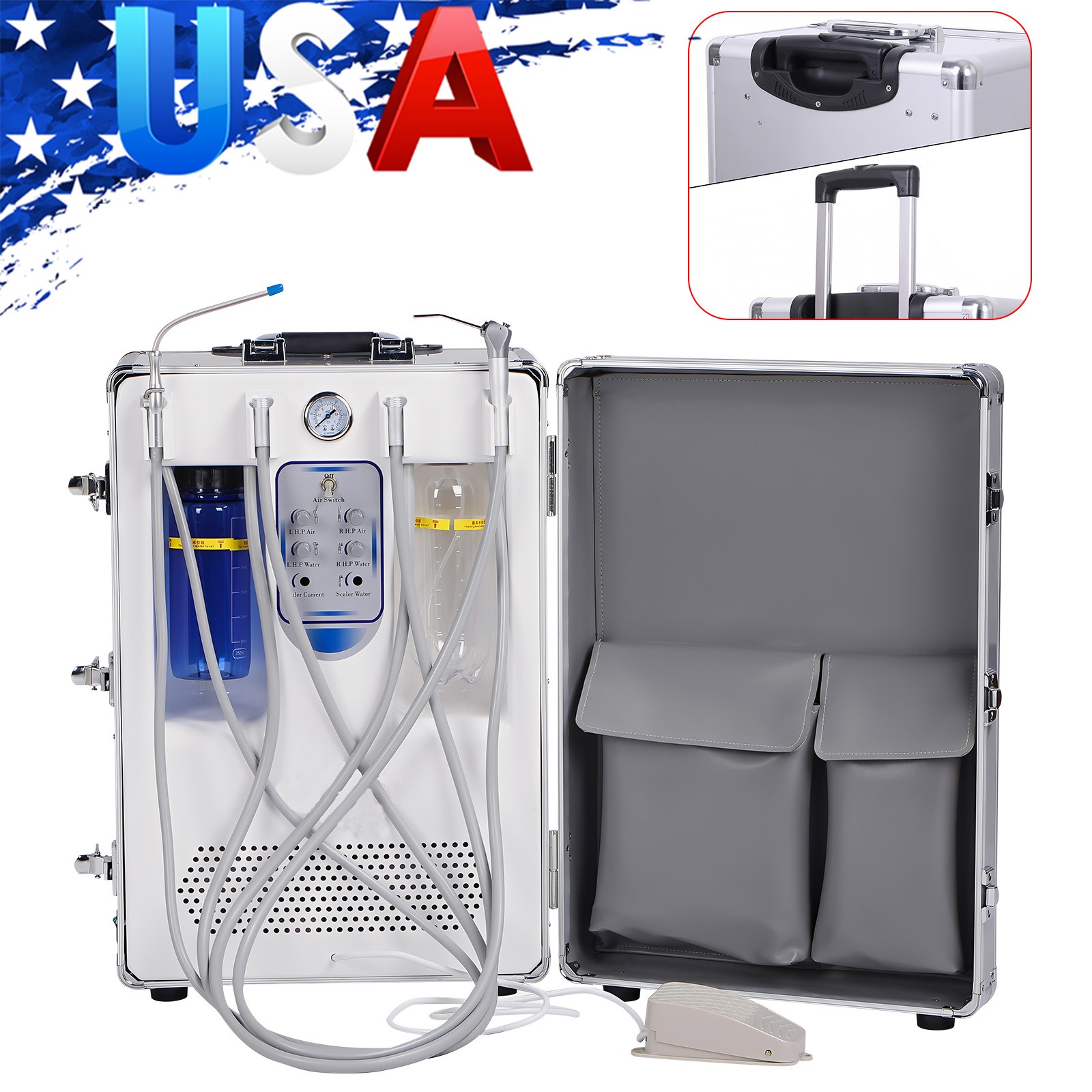 Portable Dental Delivery Unit Rolling Case Air Compressor Syringe Suction 4Hole