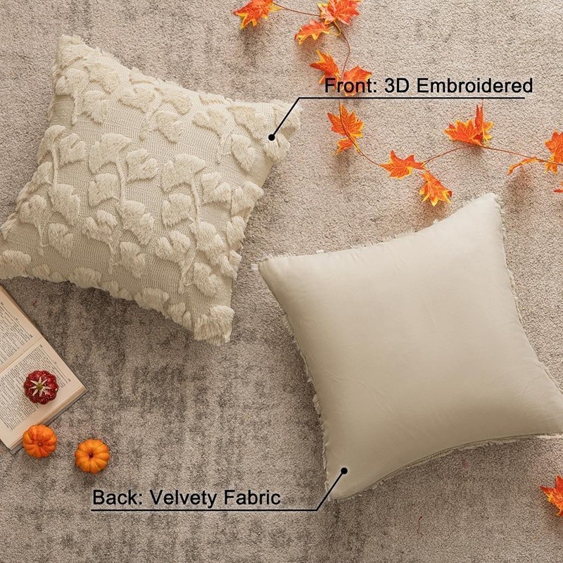 Embroidered Ginkgo Leaf Faux Fur Pillow Covers Set Soft Washable Decor New
