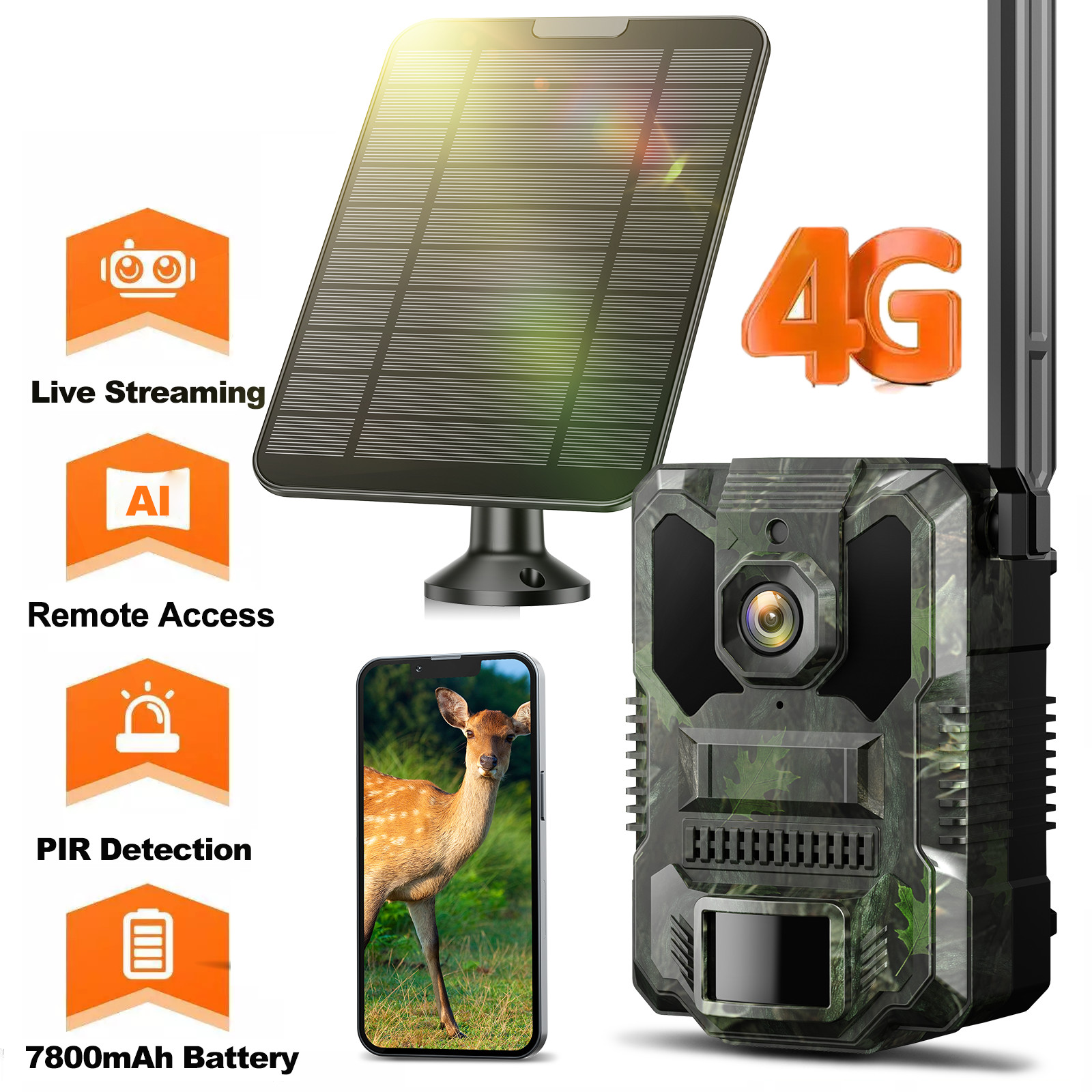 4G LTE Cellular Solar Trail Camera 2.5K 32MP Hunting Game Cam 130° Night Vision