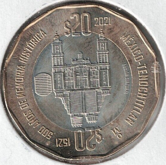 2021 Mexico 20 Peso Unc. 500th Anniversary Historical Memory Tenochtitlan Coin!