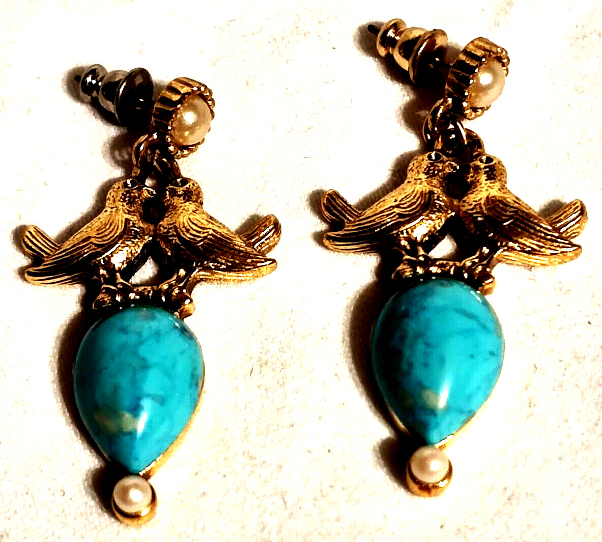 Gold Tone Birds Earrings Pierced Post Blue Faux Turquoise Teardrop 2" Dangle VTG