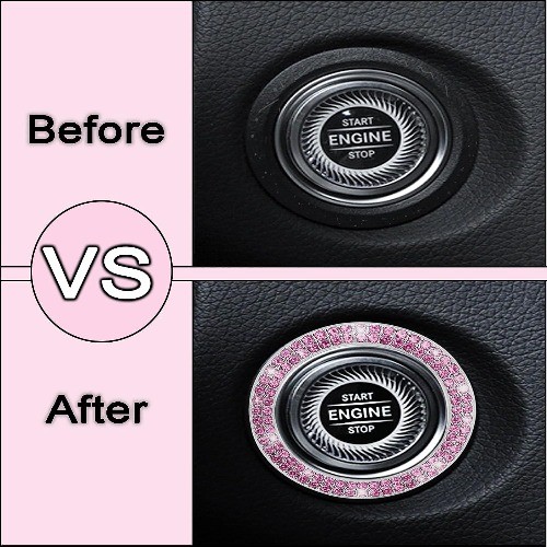 2-Pack Pink Crystal Car Engine Start Stop Button Decorative Ring Sticker, Interi