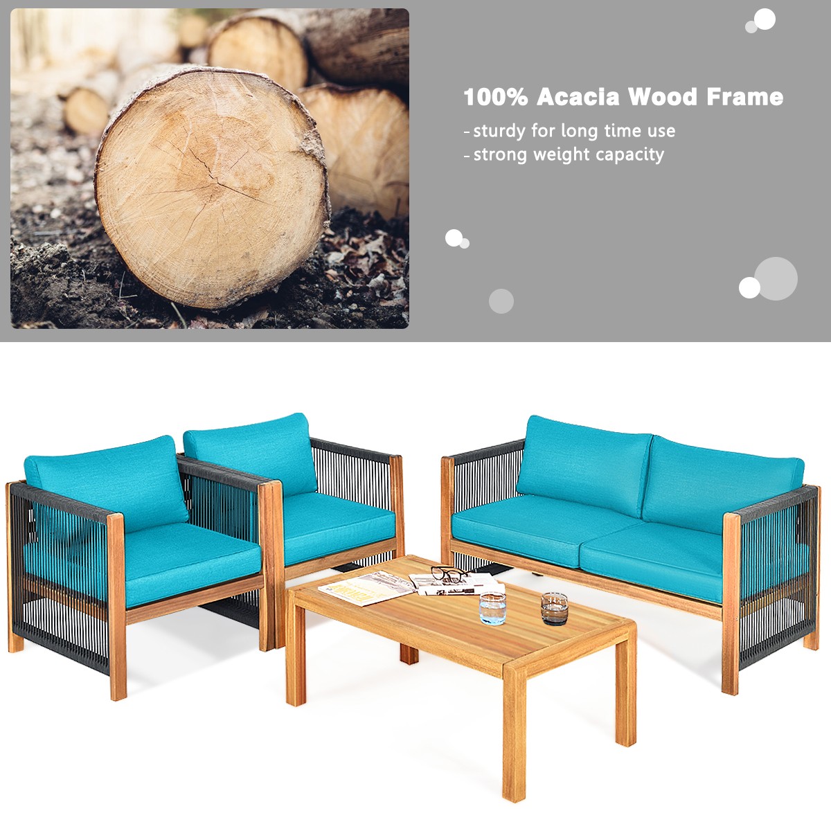 Patiojoy 4PCS Wooden Patio Furniture Set Cushioned Sofa W/Rope Armrest Turquoise