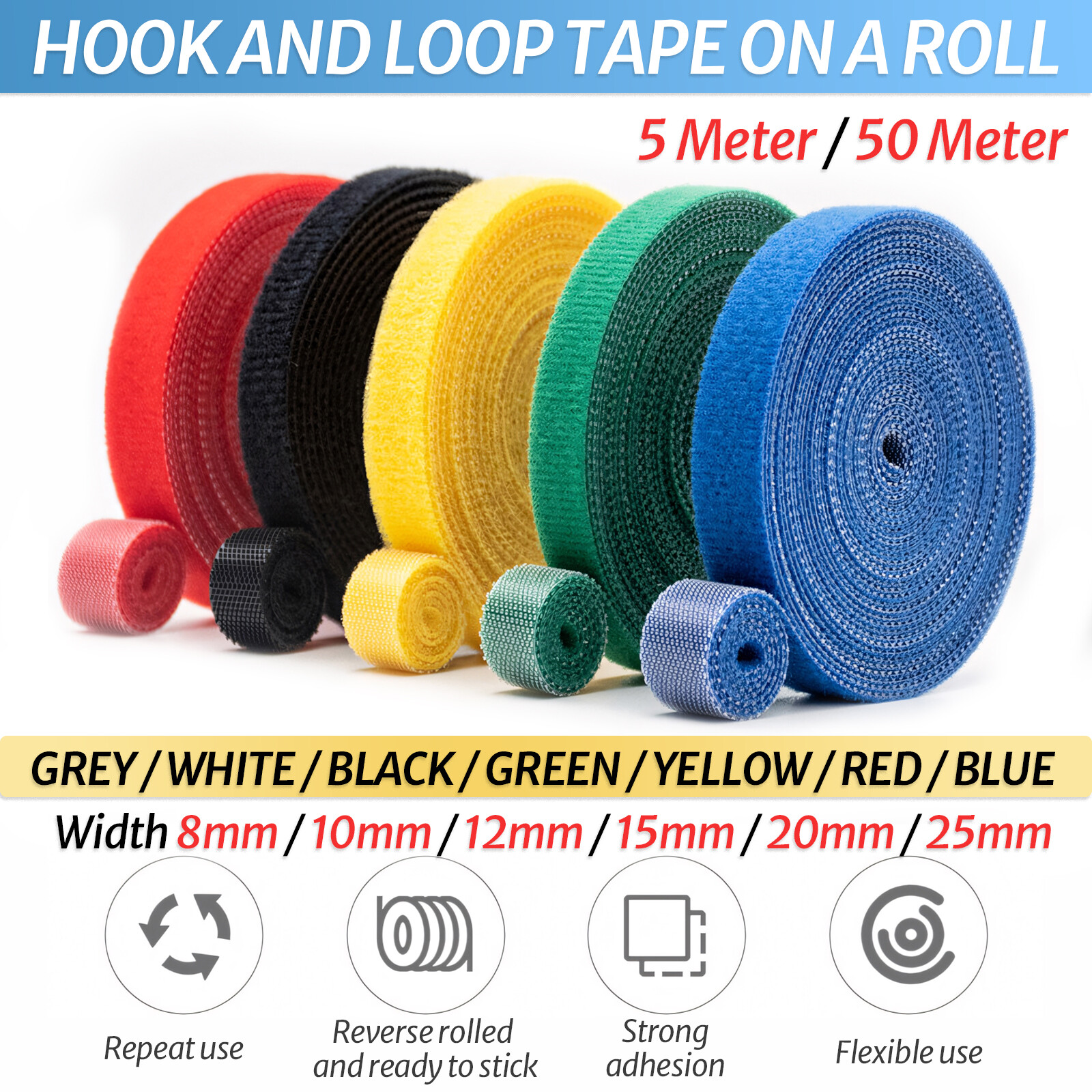 Double Sided Hook and Loop Tape Fastener 10mm 15mm 20mm 25mm Cable Ties Straps