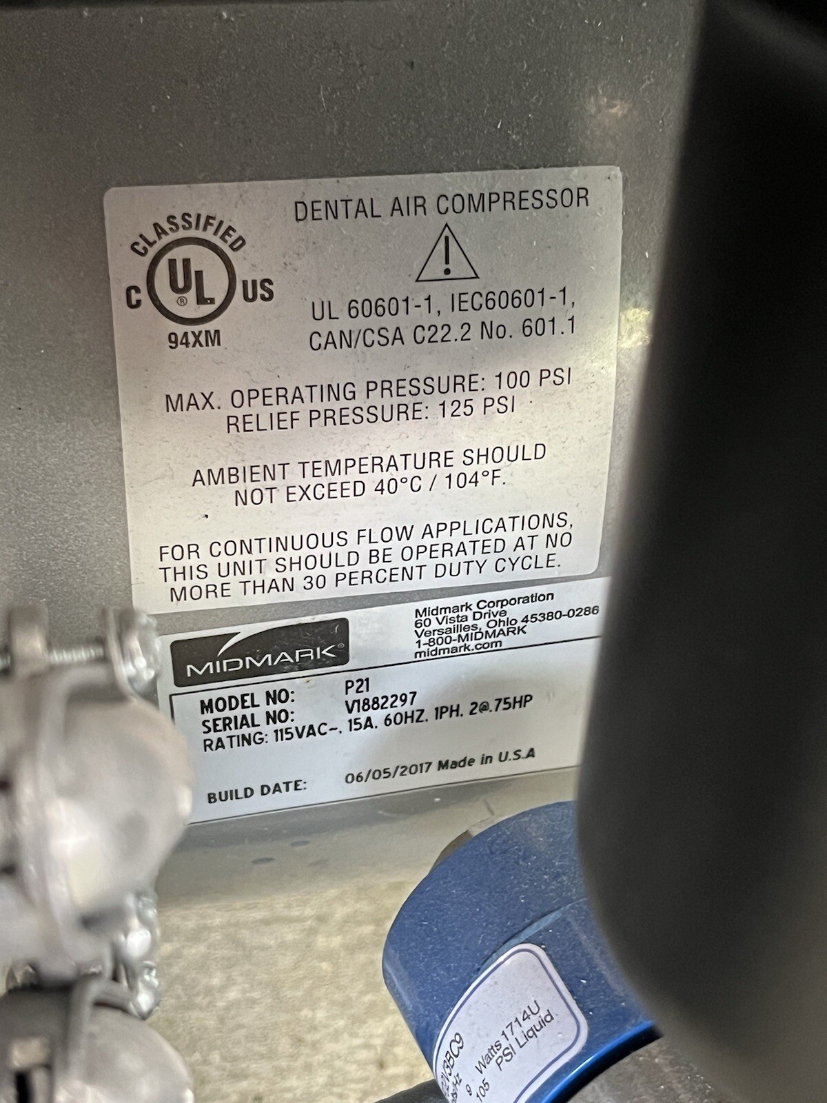 Dental Dentistry Midmark Oil Less Air Compressor P21