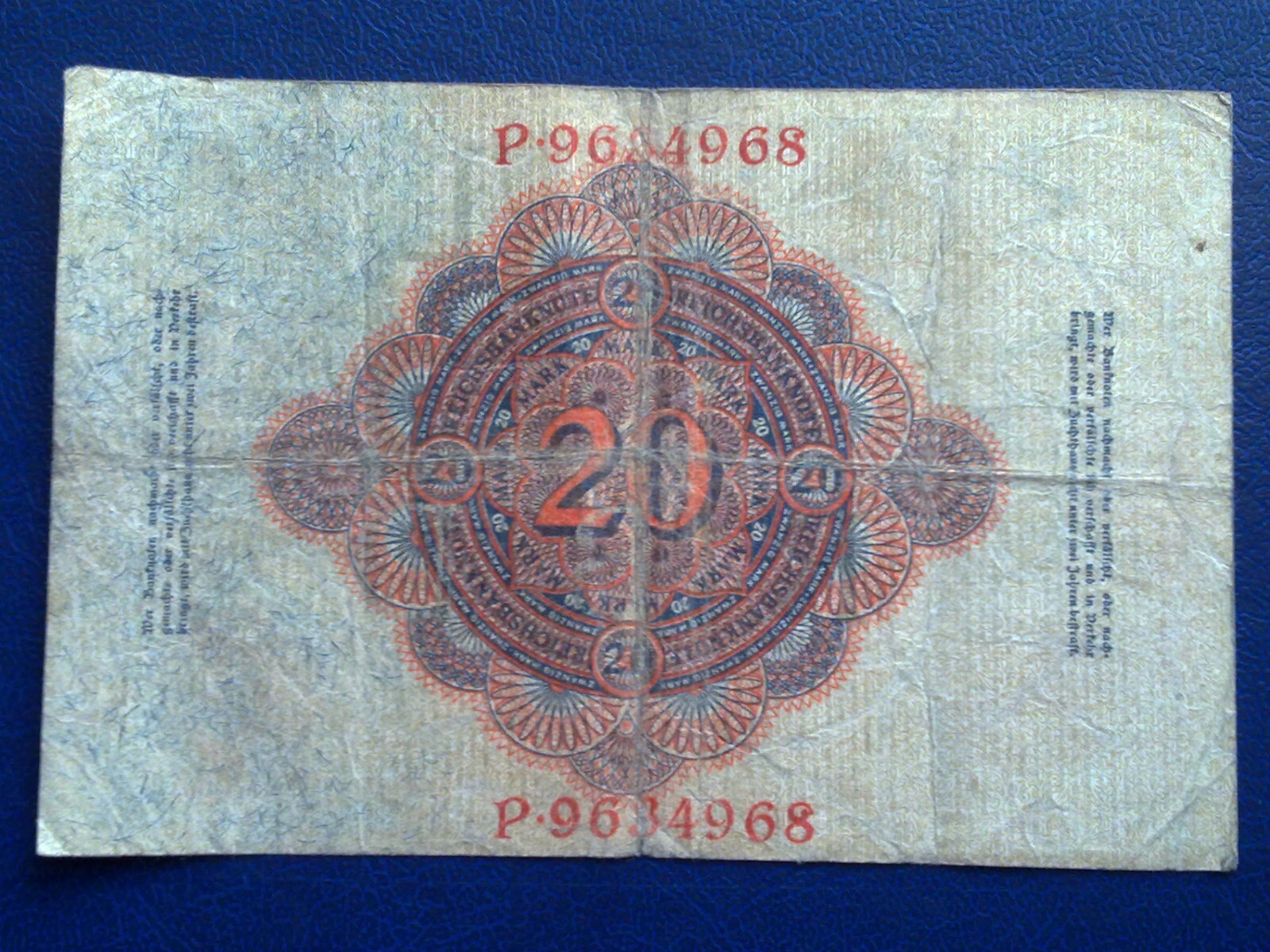 1914 GERMAN 20 MARK BANKNOTE-VERY GOOD