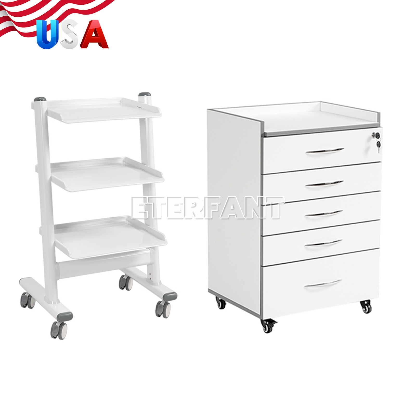 Dental 3 Layer Trolley Medical Tool Cart/Mobile Wooden Cabinet 5 Drawers US