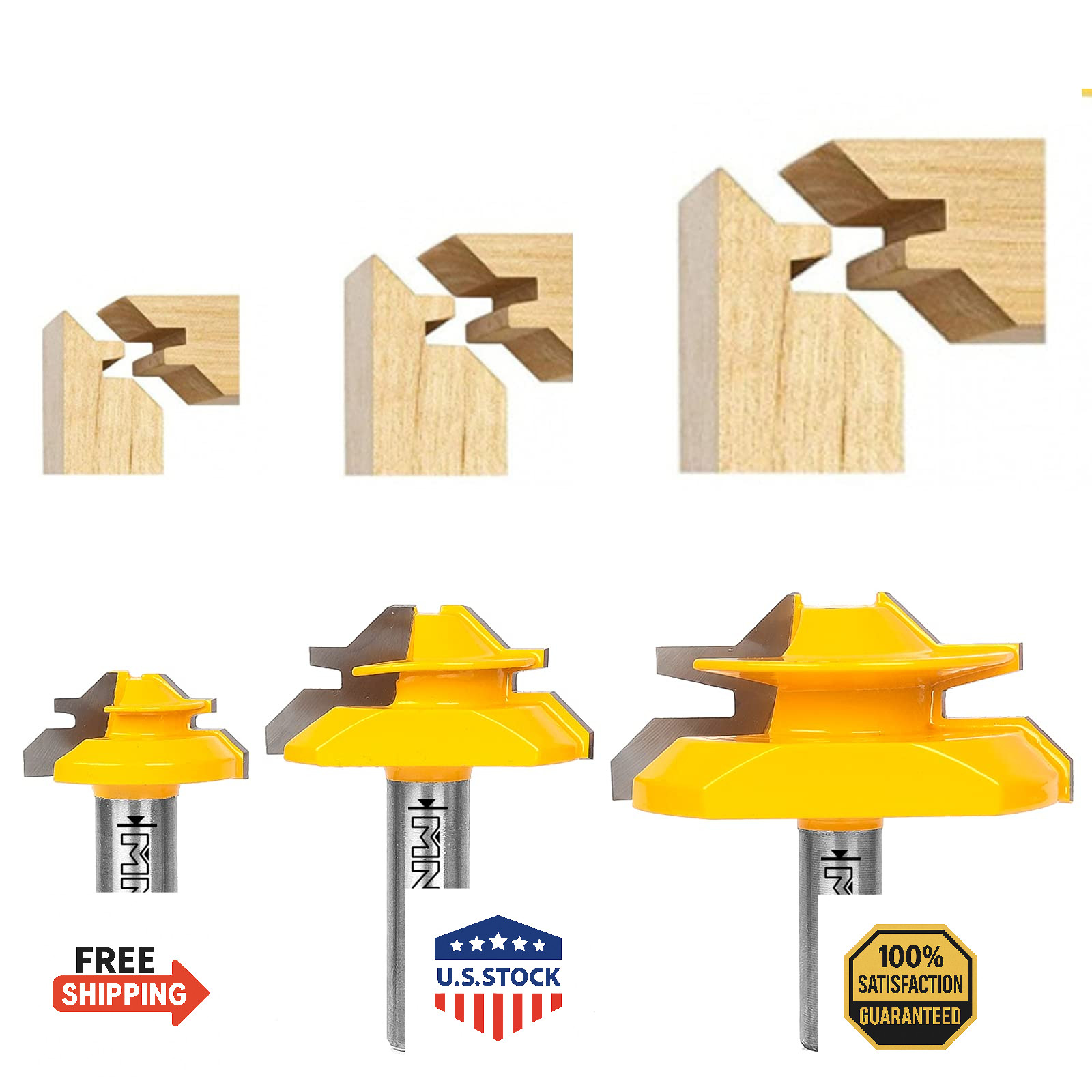 MNA 45 Degree Lock Miter Router Bit 3-Piece Set 1/2 3/4 1 Inch Shank Cutting Hei