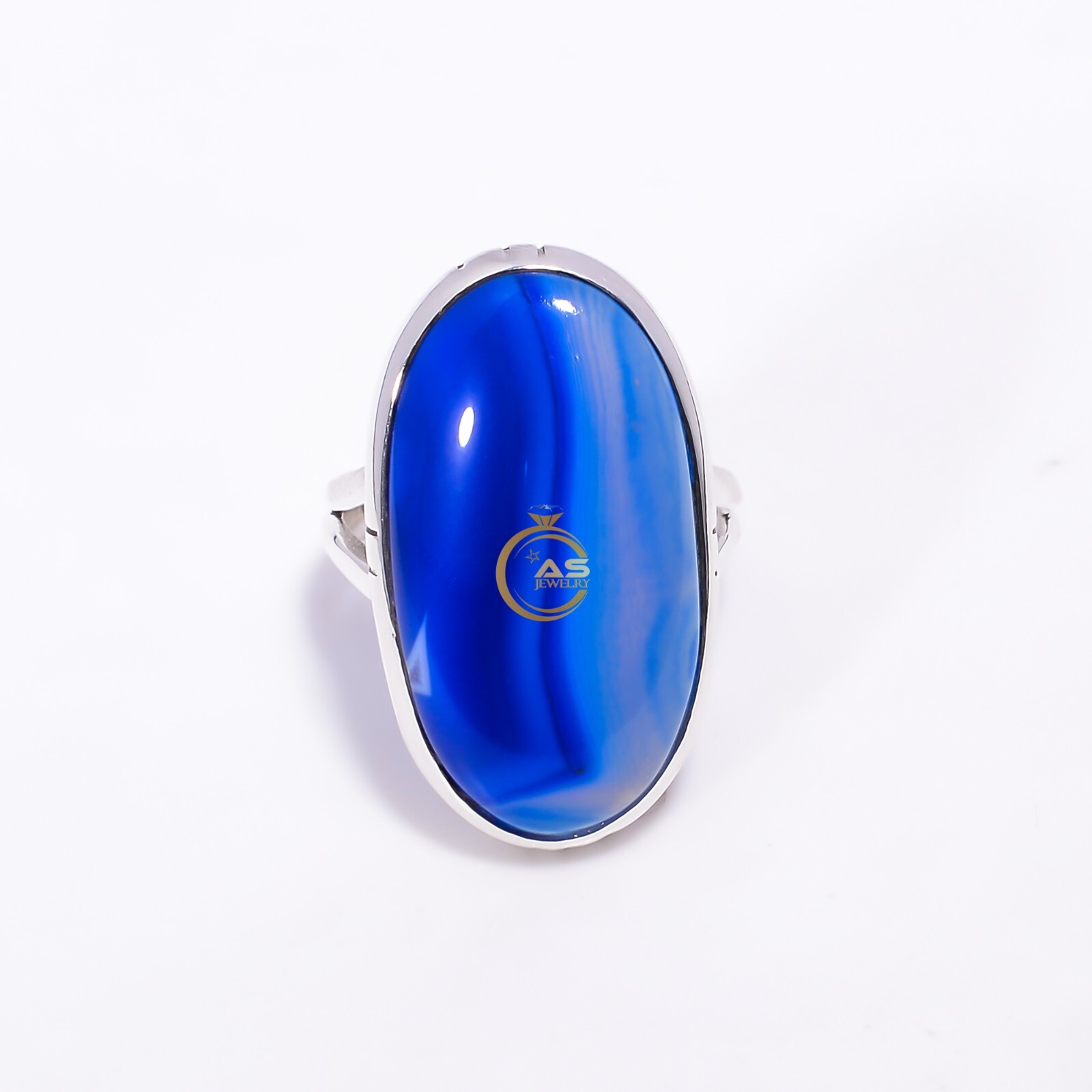 Blue Banded Agate Ring 925 Sterling Silver Statement Boho Rings Gift for Her