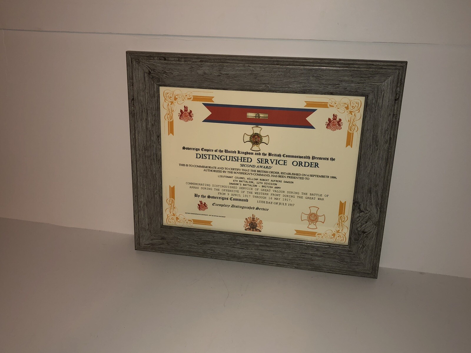 DISTINGUISHED SERVICE ORDER 2ND AWARD [UK] COMMEMORATIVE CERTIFICATE ~ Type 1