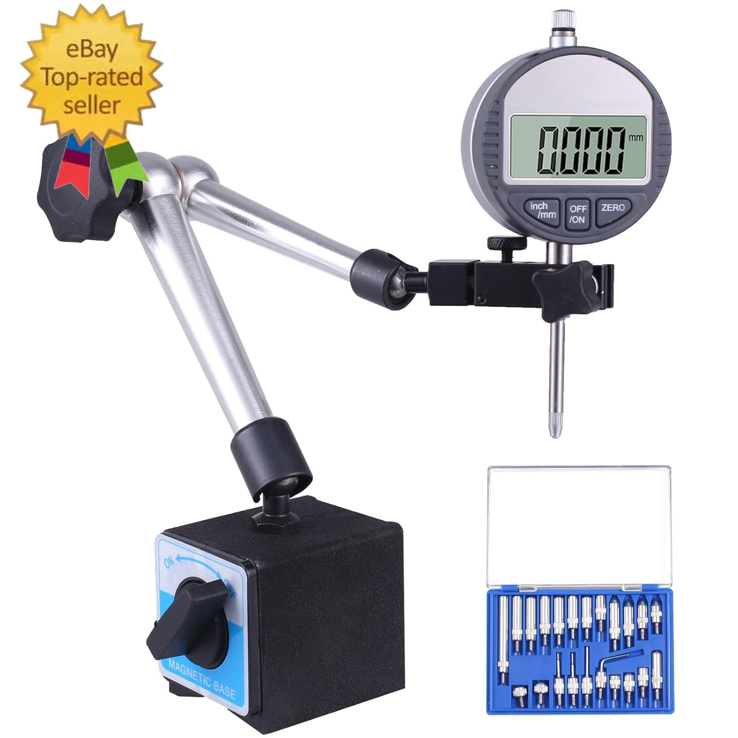 Electronic Digital Dial Indicator with Magnetic Base Holder Fine Adjustable Long