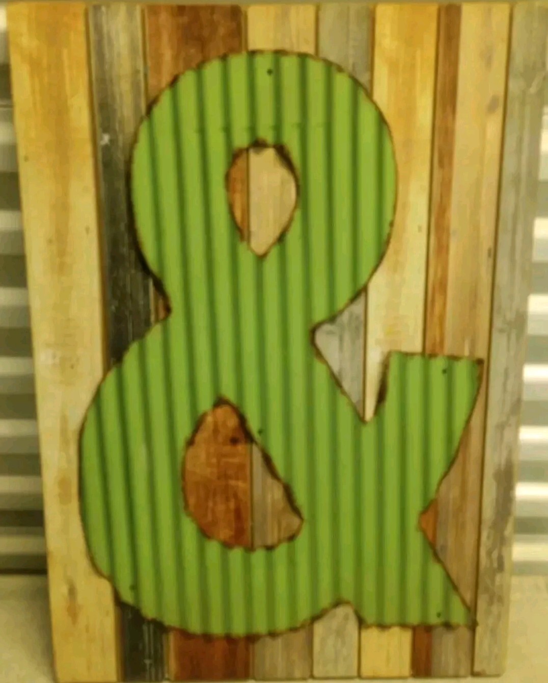 Indigo Luxe Wood  Green Corrugated Metal Symbol Wall Art 26.5x18 Decor