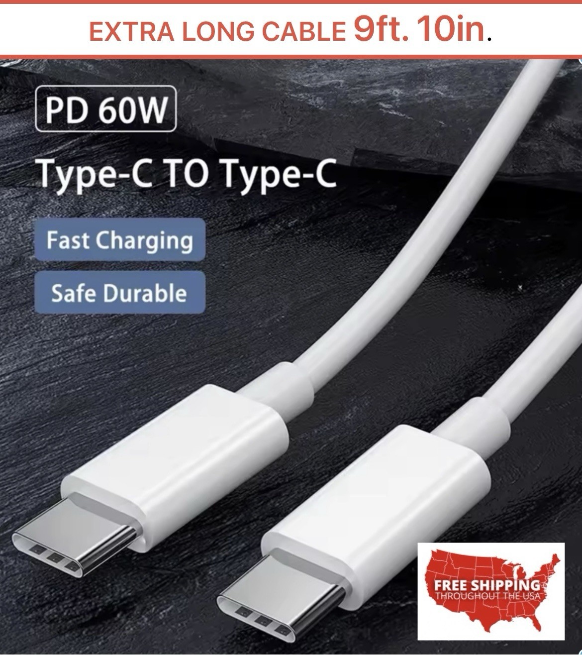 Extra Long Type C Cable 9ft. 10in. (3m) Type C To Type C Charging 60 Watt